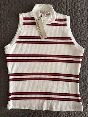 Banana Republic White Ribbed Sleeveless Turtleneck Tank with Red & Black Stripes